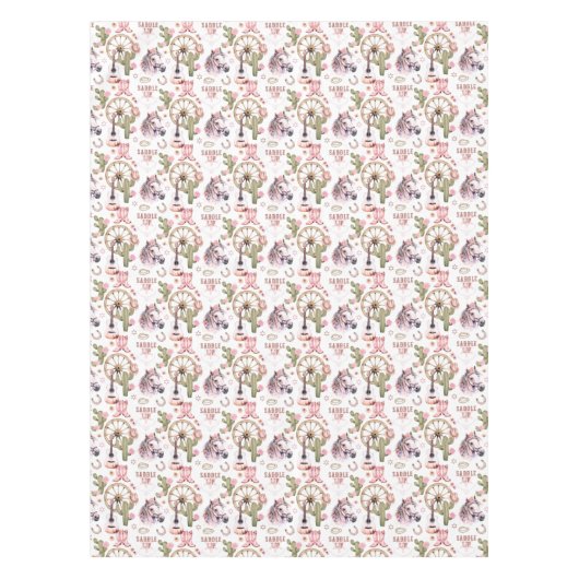 サドルアップ女性のカーボーイベビーシャワーウェスタンパーティーデコール テーブルクロス (正面)