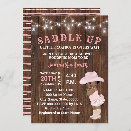 サドルアップ小さなオウム女性のカーボーイの彼女の方法ベビーシャワー 招待状 (正面/裏面)