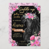 サドルアップ金ゴールドブラックホース女性のカーボーイ誕生日 招待状 (正面/裏面)