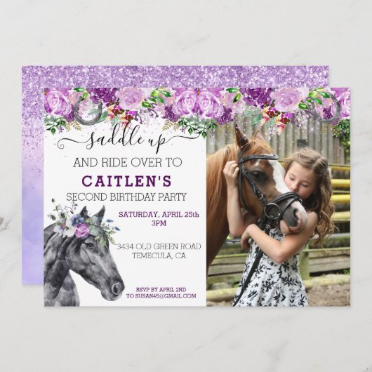 サドルアップ馬好きフローラパープルかわいらしグリッター 招待状 (正面/裏面)