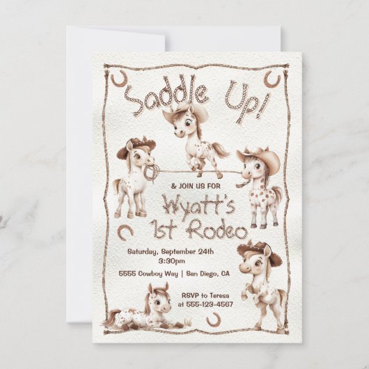 サドルアップ1stロデオハートポニーカウボーイ誕生日 招待状 (正面)