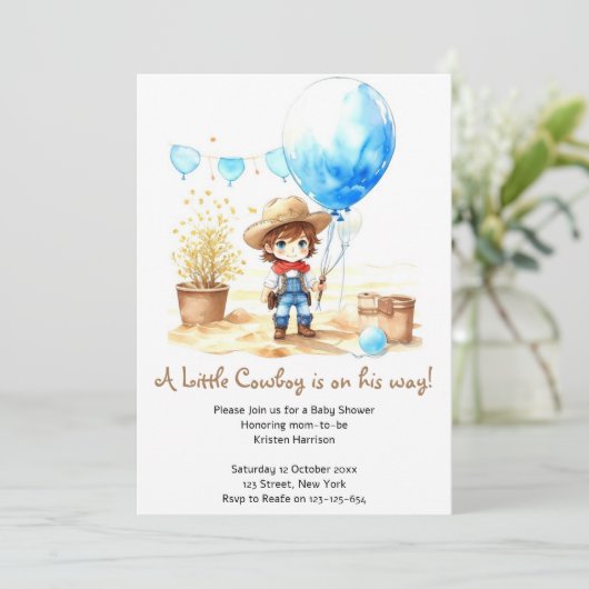 サドルアップ:水の色の西カウボーイベビーシャワー 招待状 (スタンド正面)