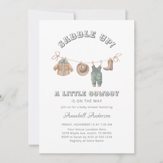 サドル上げ小さなカウボーイの赤ちゃんシャワー 招待状 (正面)