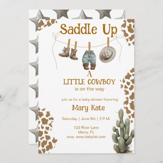 サドル小さなカウボーイが途中のベビー 招待状 (正面/裏面)