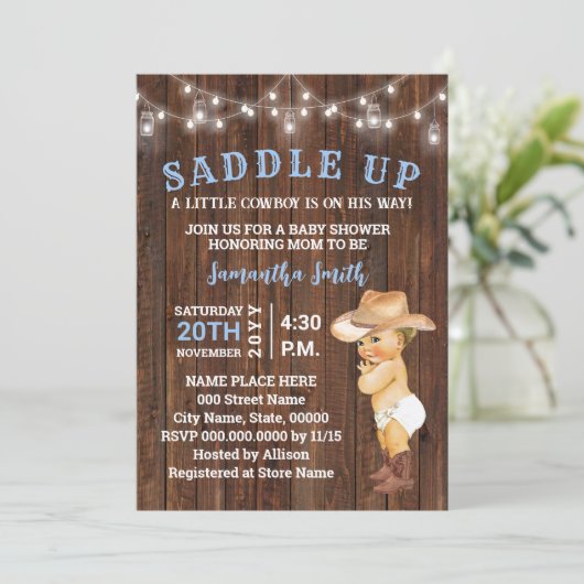 サドル小さなカウボーイは彼の方法ベビーシャワーI 招待状 (スタンド正面)