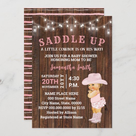 サドル小さな女性のカーボーイは彼女の方法ベビーシャワー 招待状 (正面/裏面)