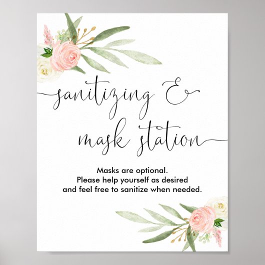 サニタイジングマスクステーションのサインピンクの緑の金ゴールド ポスター (正面)