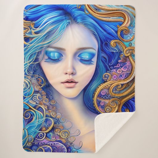 サニーアズール海サーフウェーブズブルー金ゴールドガール シェルパブランケット (正面)