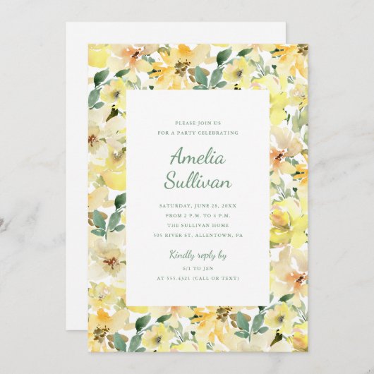 サニーイエローウォーターカラーフローラパーティの招待状 招待状 (正面/裏面)