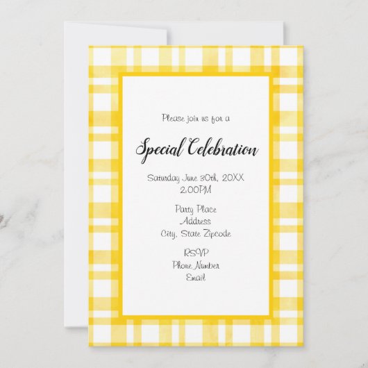 'サニーイエローウォーターカラープレイド'任意の大事な行事 招待状 (正面)