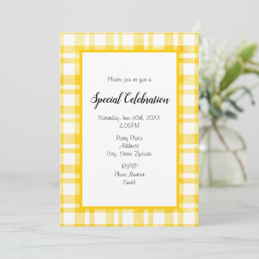 'サニーイエローウォーターカラープレイド'任意の大事な行事 招待状 (スタンド正面)