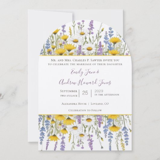 サニーイエローエレガンスラベンダーラブワイルドフラワー 招待状 (正面)