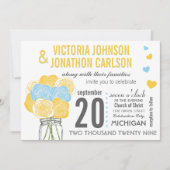 サニーイエロースカイブルーフローラモダンタイポグラフィ 招待状 (正面)