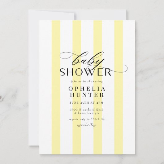 サニーイエローストライプ男女兼用ベビーシャワー 招待状 (正面)