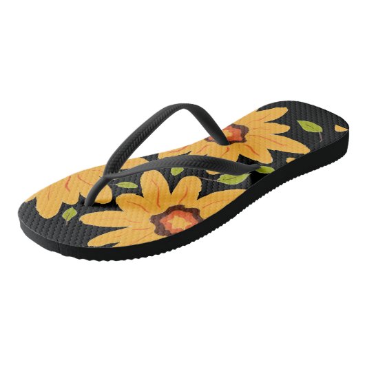 サニーイエローハンド絵を描デイジーフラワーオンブラック ビーチサンダル (アングル)