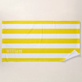 サニーイエローホワイト |カバナストライプパーソナライズされた ビーチタオル