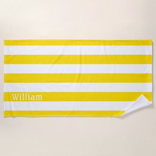サニーイエローホワイト |カバナストライプパーソナライズされた ビーチタオル (正面)