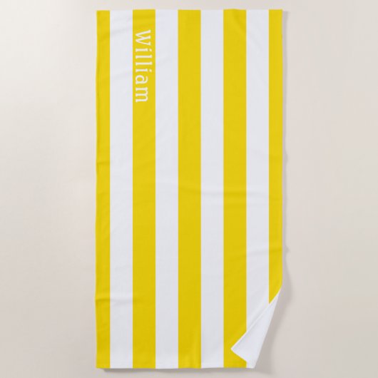 サニーイエローホワイト |カバナストライプパーソナライズされた ビーチタオル (正面)