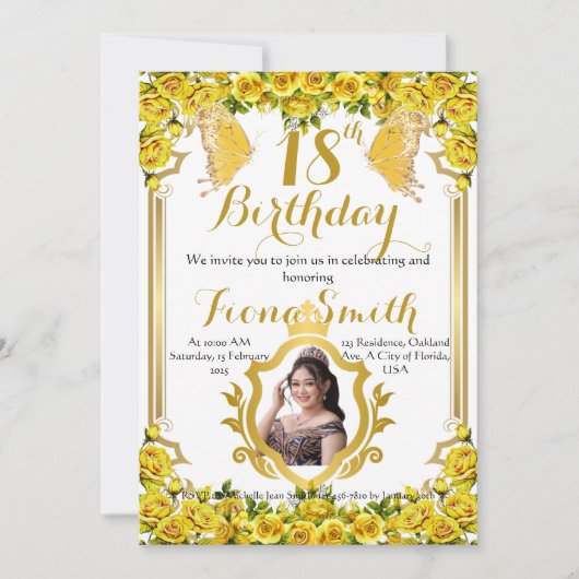 サニーイエローローズフローラ誕生日招待状カード 招待状 (正面)