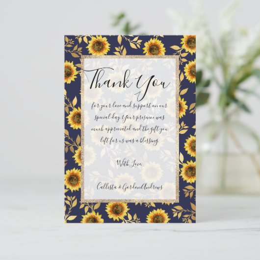 サニーイエロー金ゴールドネイビーひまわり葉花パターン サンキューカード (スタンド正面)