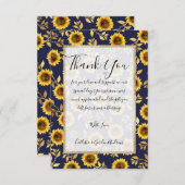 サニーイエロー金ゴールドネイビーひまわり葉花パターン サンキューカード (正面/裏面)