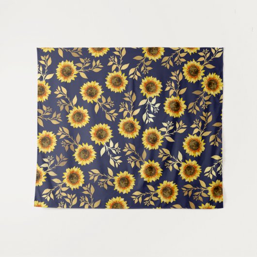 サニーイエロー金ゴールドネイビーひまわり葉花パターン タペストリー (正面(横))