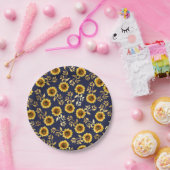 サニーイエロー金ゴールドネイビーひまわり葉花パターン ペーパープレート (パーティー)