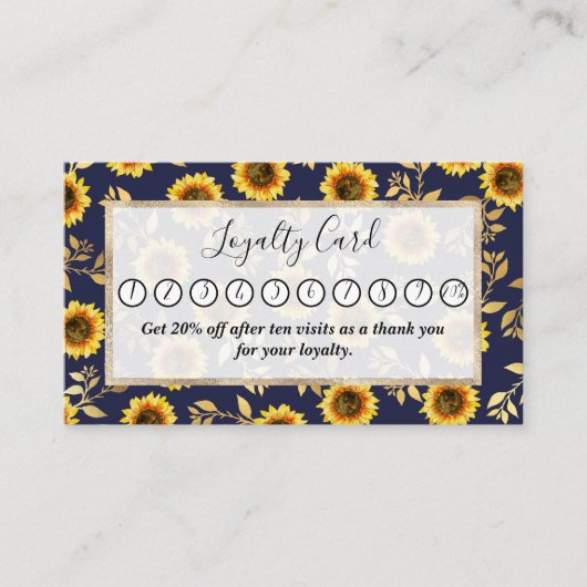 サニーイエロー金ゴールドネイビーひまわり葉花パターン ロイヤリティカード (正面)