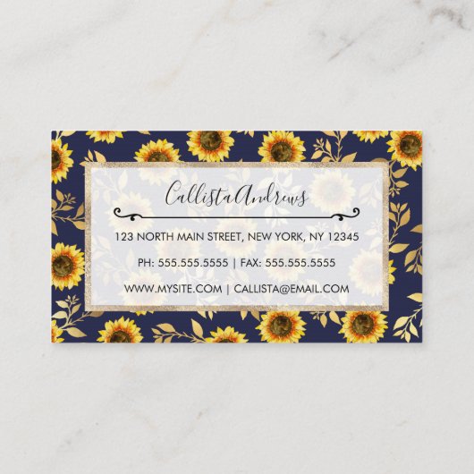 サニーイエロー金ゴールドネイビーひまわり葉花パターン 名刺 (裏面)