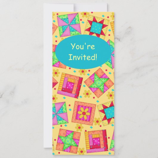 サニーイエロー&ターコイズパッチワークキルトブロックアート 招待状 (正面)