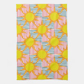 サニーオレンジ色の黄色いサンズホワイトピンクのティール（緑がかった色）ストライプ キッチンタオル (縦)