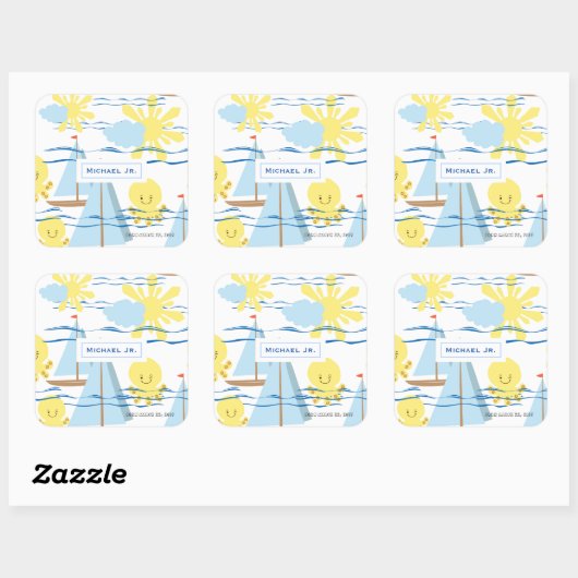 サニーキッズパターン、ボート、タコ、サンクリップアート スクエアシール (シート)