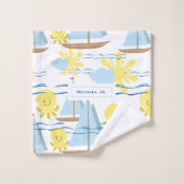 サニーキッズパターン、ボート、タコ、サンクリップアート バスタオルセット (ウォッシュタオル)