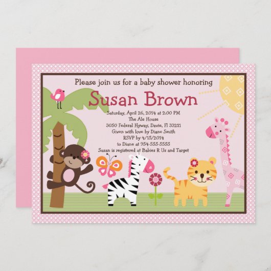 サニーサファリガールアニマルズベビーシャワー招待状 招待状 (正面/裏面)