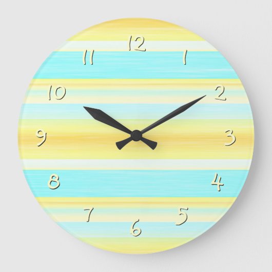 サニーサマーイエローアクアブルーウォーターストライプカラー ラージ壁時計 (正面)