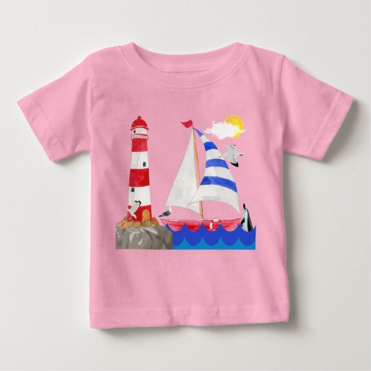 サニーセーリング海アドベンチャーシルボートライトハウス ベビーTシャツ (正面)