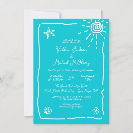 サニートロピカルハンドドロー結婚ドの目的地 招待状 (正面)