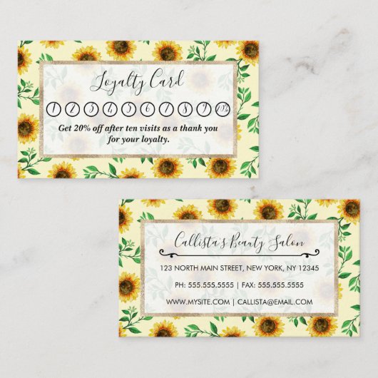 サニーネオンパステルイエローサンフラワーズ葉パターン ロイヤリティカード (正面/裏面)