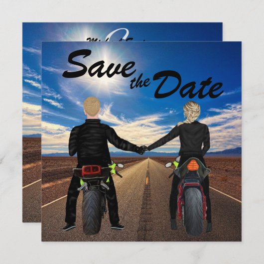 サニーハイウェイでバイクに乗結婚るカップル セーブザデート (正面/裏面)