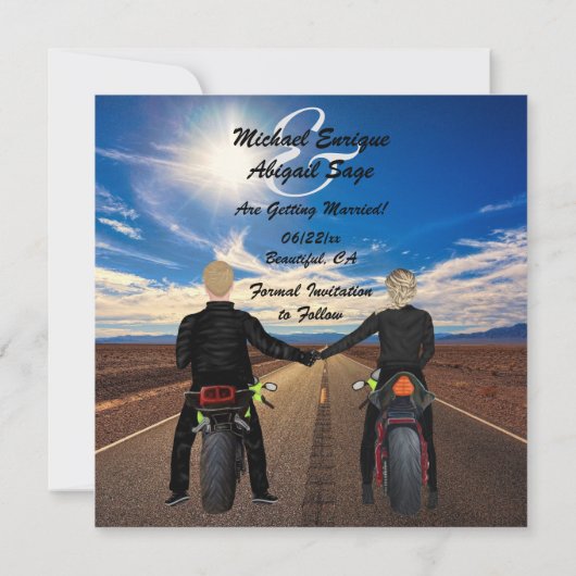 サニーハイウェイでバイクに乗結婚るカップル セーブザデート (裏面)