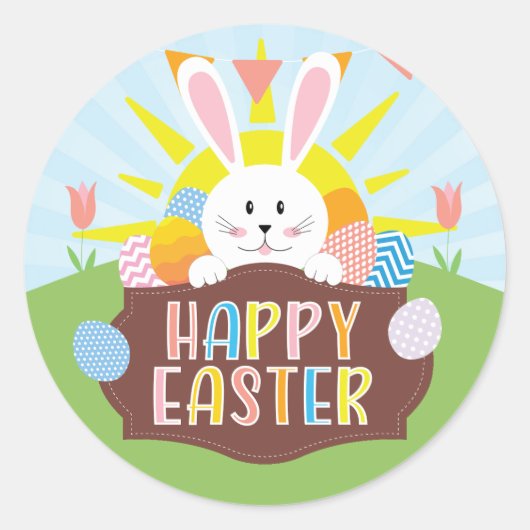 サニーハッピーイースターバニー&エッグスカラフルホリデイ ラウンドシール (正面)
