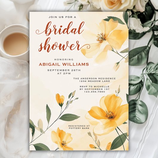 サニーバターイエローシックフローラブライダルシャワー 招待状