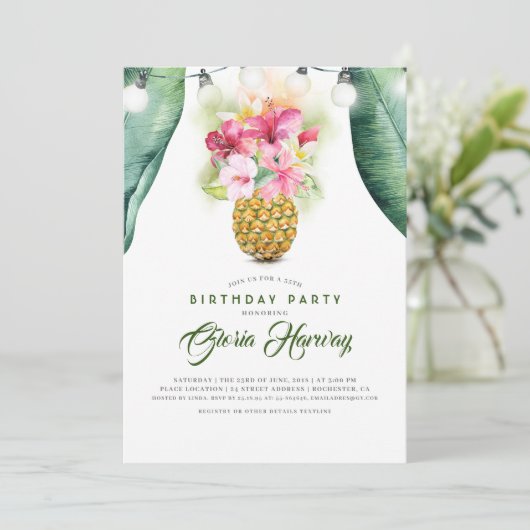 サニーパイナップルフローラ花瓶ビーチ誕生日パーティー 招待状 (スタンド正面)