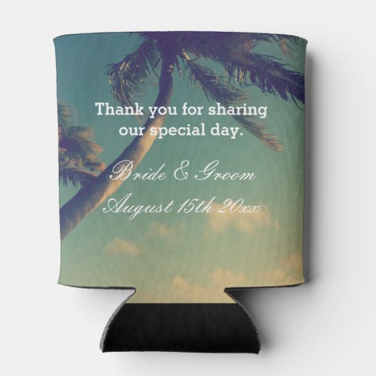 サニーパームフォトパーソナライズされたビーチ結婚式 缶クーラー (裏面)