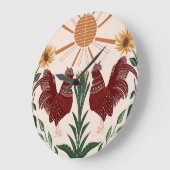 サニーフォークアートロスターシンメトリデザイン ラージ壁時計 (傾斜)