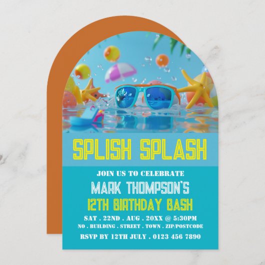 サニープール、誕生日プールパーティー 招待状 (正面/裏面)