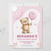 サニーベアーピンクバルーンファースト誕生日 招待状 (正面)