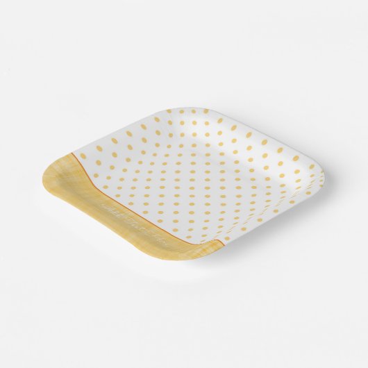 サニーホワイトウォッシュリネンイエロー水玉模様カスタム文字 ペーパープレート (傾斜あり)