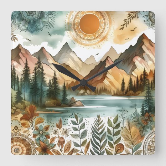 サニーボ素朴ホ自然パターンマウンテンレイク スクエア壁時計 (正面)