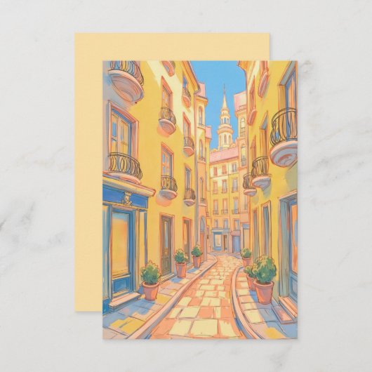サニーヨーロッパ通りコージーアーキテクチャトラベルアート ノートカード (正面/裏面)
